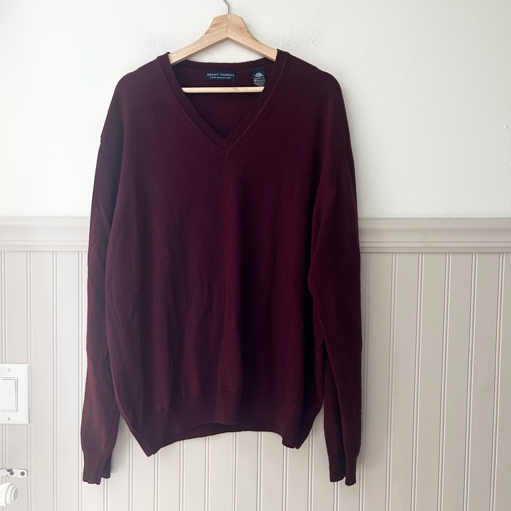Grant Thomas Men’s XL Maroon Merino Wool V-Neck Sweater Made in Italy Elegant